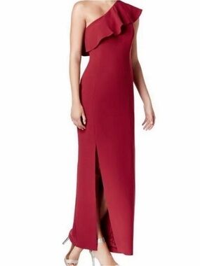 Calvin Klein One-Shoulder Ruffle Maxi Dress in Rose Red